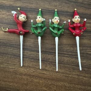 Vintage Green & Red 4 Pixie Elf w/ Ladybug Climber Cake Topper Picks Christmas